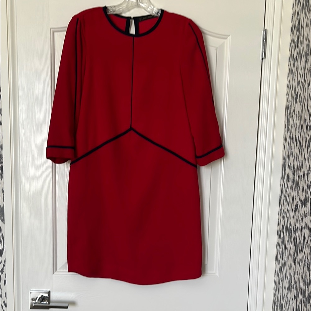 Zara Red Sheath Dress 3/4 Sleeve Crew Neck